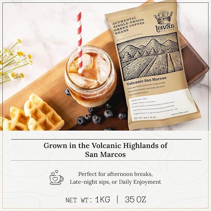 Leiva’s Unroasted Green Coffee Beans (1kg) – Volcanic San Marcos Single Origin Coffee w/Floral Notes – Washed Shade Grown Organic Guatemala Beans – Lively Acidity Whole Bean Unroasted Blend
