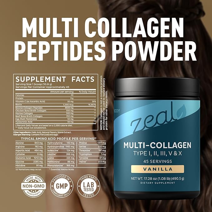 Premium Multi Collagen Peptides Powder (1 2 3 5 &amp 10) with Protein. Vitamin C Biotin Hyaluronic Acid for Hair Skin and Nails - Marine Bovine Chicken &amp Eggshell (Vanilla 45 Servings)