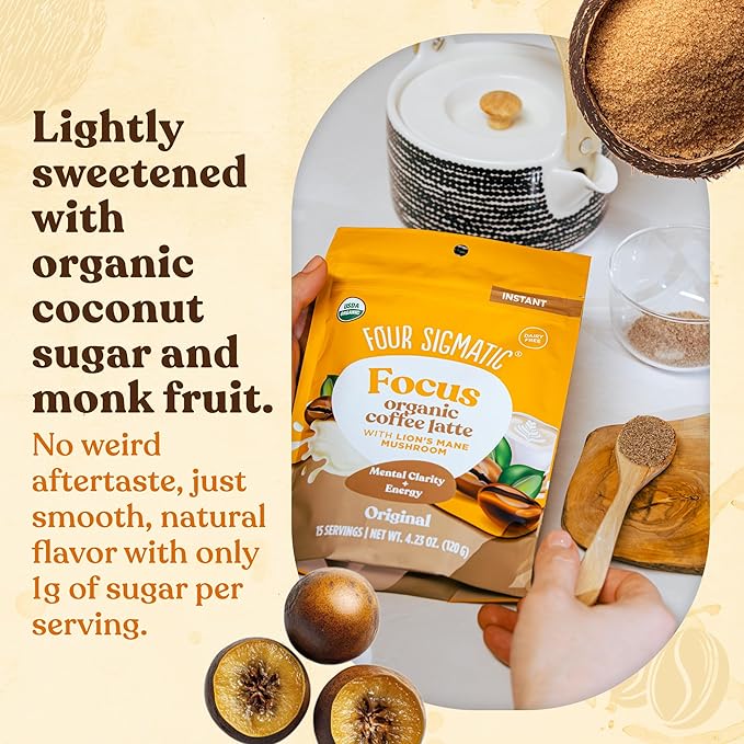 Four Sigmatic Original Focus Mushroom Coffee Latte | Plant-Based Organic Instant Latte with Lion’s Mane Mushroom for Focus and Mental Clarity | Made With Just 5 Organic Ingredients | 4.23 oz Bag