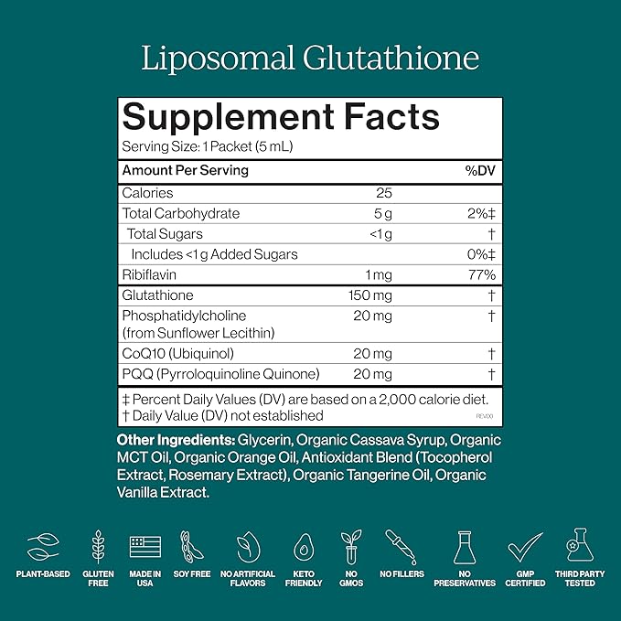 CYMBIOTIKA Liposomal Glutathione Supplement – PQQ CoQ10 &amp Antioxidants for Detox Brain Energy Immune Support – Advanced Absorption for Cellular Health &amp Longevity Citrus Vanilla 1 Month