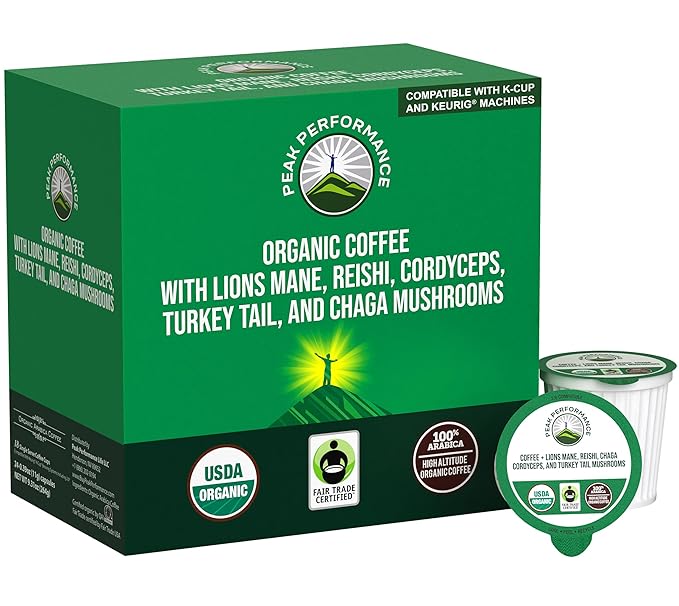 Organic Mushroom Coffee Pods with Lion's Mane Reishi Cordyceps Turkey Tail and Chaga Mushrooms. High Altitude Low Acid Smooth Tasting Fair Trade 72 Nootropic Coffee Pods (Medium Roast Ground)