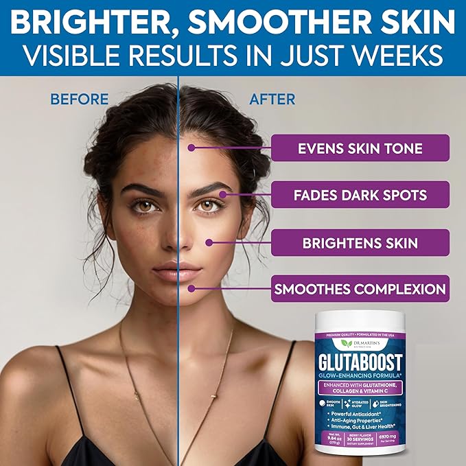 6970mg Glutathione Powder for Skin Brightening Enhanced with Collagen &amp Vitamin C | Brightens Skin Fades Dark Spots &amp Melasma Anti-Aging Antioxidant | Supports Immune Gut &amp Liver Health