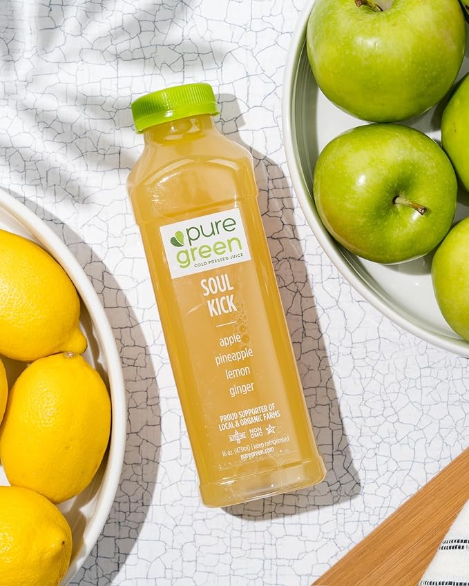Pure Green Cold Pressed Juice - Soul Kick - Fresh Functional Blend with Apple Pineapple Lemon Ginger - Natural Gluten Free Non-GMO No Artificial Colors or Flavors - Made from Real Fruits &amp V