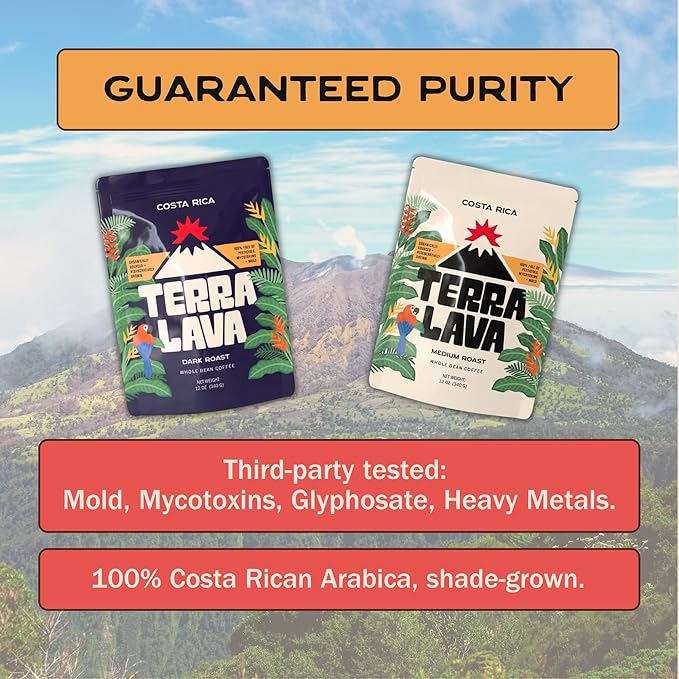 Terra Lava Coffee – Medium Roast Whole Bean Coffee Single-Origin Costa Rican Arabica Volcanic Soil Grown Honey-Processed Tested for Mold &amp Mycotoxins (12 oz)