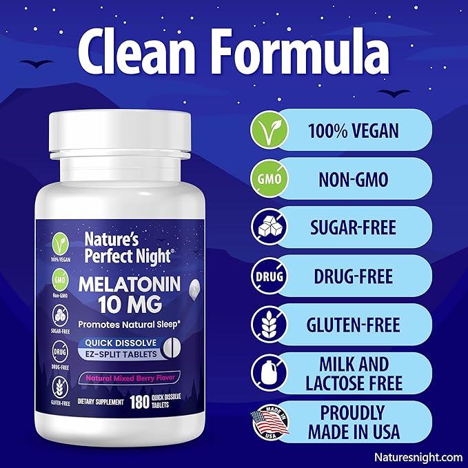 Nature's Perfect Night Melatonin 10mg Quick Dissolve Mixed Berry 180 Count with Serenity Magnesium Powder 15 oz Lemon Raspberry