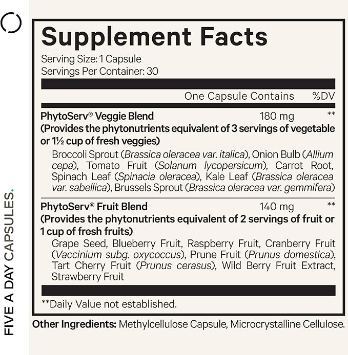 Codeage Instantfood Five A Day – Fruits &amp Vegetables Capsule Supplement – Whole Food Phytonutrients – 15 Fruits and Veggies Blend - Vegan Non-GMO – 30 Capsules