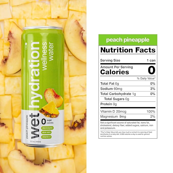 Wet Hydration | Functional Wellness Water Non-Carbonated - Peach Pineapple (12 Ounce Cans Pack of 12) - Flavored Water Hydration Drink No Sugar No Artificial Ingredients Zero Calories (Packaging