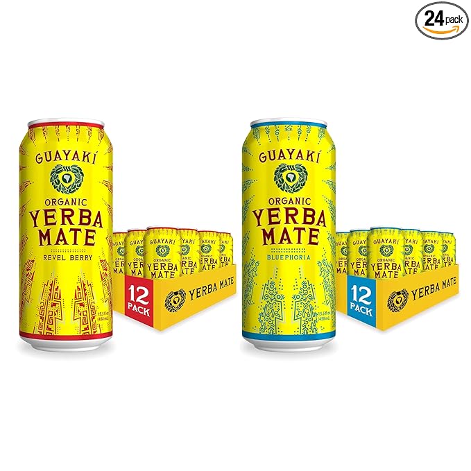 Guayakí Organic Yerba Mate Clean Energy Drink Alternative Bundle Revel Berry &amp Bluephoria Flavors 15.5 Oz (Pack of 24) 150mg Natural Caffeine Smooth Energy &amp Focus