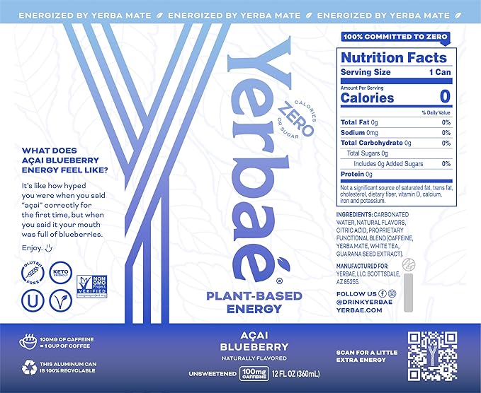 Yerbaé Energy Seltzer - Acai Blueberry No Sugar/Calories/Carbs. Energized by Yerba Mate Naturally Caffeinated Plant-Based Healthy Alternative to Coffee Sugary Sodas Pack of 12 12oz cans
