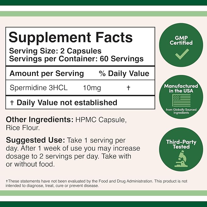 Spermidine Supplement (10mg of 99% Spermidine 3HCL - Third Party Tested) 120 Capsules - Over 100x More Potent Than Wheat Germ Extract for Cell Membrane Telomere Health and Aging by Double Wood