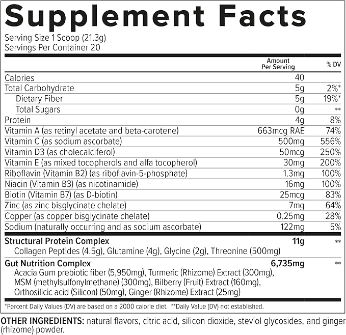 Essential Nutrition - Collagen Gut - Collagen Peptides Powder - Gut health supplement Immunity - Prebiotic Fiber Turmeric Extract FODMAP Friendly Sugar-Free - Orange &amp Blueberry- 15oz (20 Servi