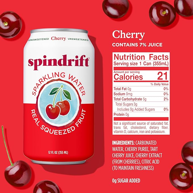 Spindrift Sparkling Water Cherry Flavored Made with Real Squeezed Fruit 12 Fl Oz Cans Pack of 24 (Only 21 Calories per Can)