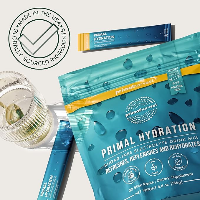 Primal Harvest Electrolytes Powder Packets Primal Hydration Easy Open Packets Energy Drink Mix 2 Pack Bundle (Lemon Berry 60 Packs)