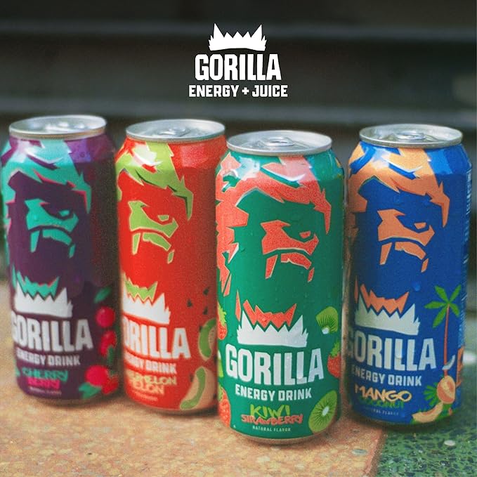 Gorilla Energy Drink Mango Coconut &amp Variety Pack 200mg Natural Caffeine Real Fruit Juice Squeezed &amp Concentrated 24 Cans