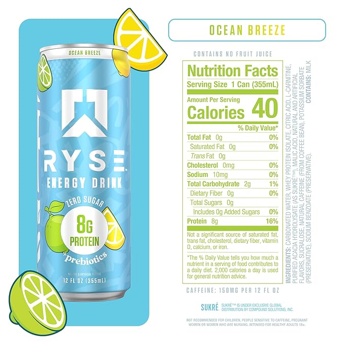 RYSE Functional Energy Drink - Ocean Breeze - 150mg Natural Caffeine 8g Whey Protein &amp 1g Prebiotics - Sugar Free Gut-Friendly Bloat-Free - 12 fl oz Cans (12-Pack)