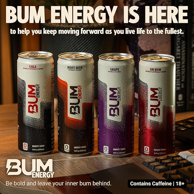 BUM Zero Sugar Energy Drink Variety Pack – Root Beer Dr. Bum Cola &amp Grape – Lightly Carbonated Sports Beverage with Natural Caffeine &amp Citicoline for Focus &amp Energy – 12 fl oz (12-Pack)