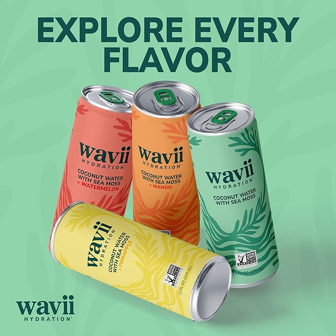 Wavii Hydration Organic Coconut Water with Organic Sea Moss plus Mango 11 fl oz Cans Pack of 12 – Clean Refreshing Hydration with Naturally Occurring Electrolytes No Added Sugar Non-GMO