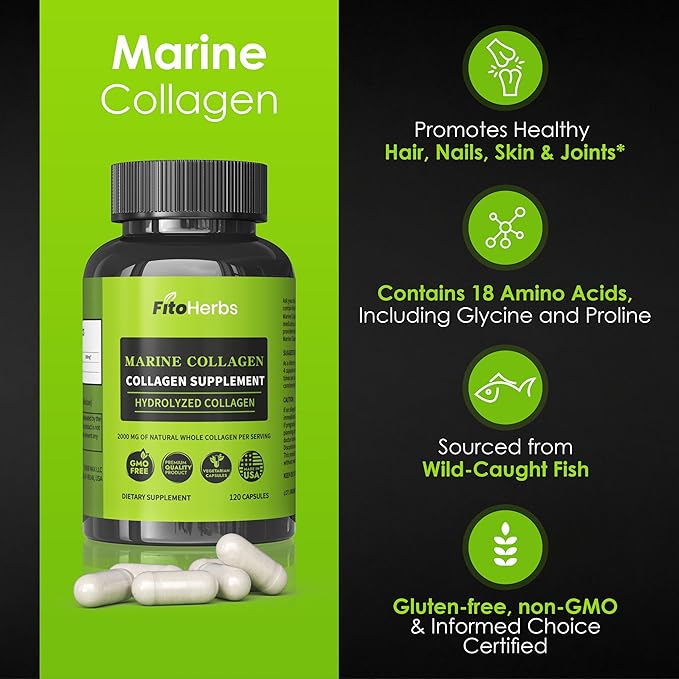 Hydrolyzed Collagen Capsules - Supplement for Hair Skin &amp Nails Joint &amp Bone Support - High Potency Non-GMO - Premium Daily Health Formula - 2000mg Marine Collagen - 120 Capsules