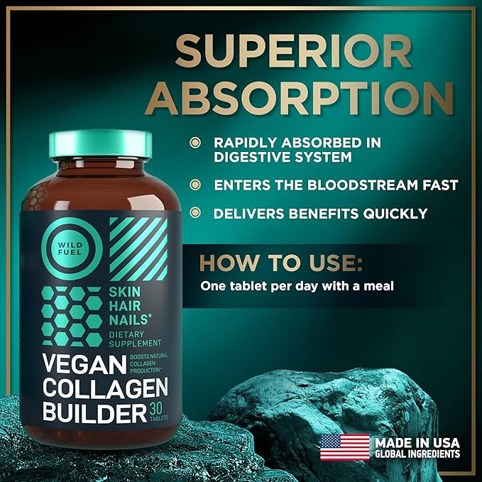 Vegan Collagen Booster Tablets - Cruelty-Free Vegan Collagen Supplements - Biotin Organic Superfood Plant Based Collagen Vitamins for Skin Hair Nails - 2-Pack 60 Vegeterian Collagen Boost Pills