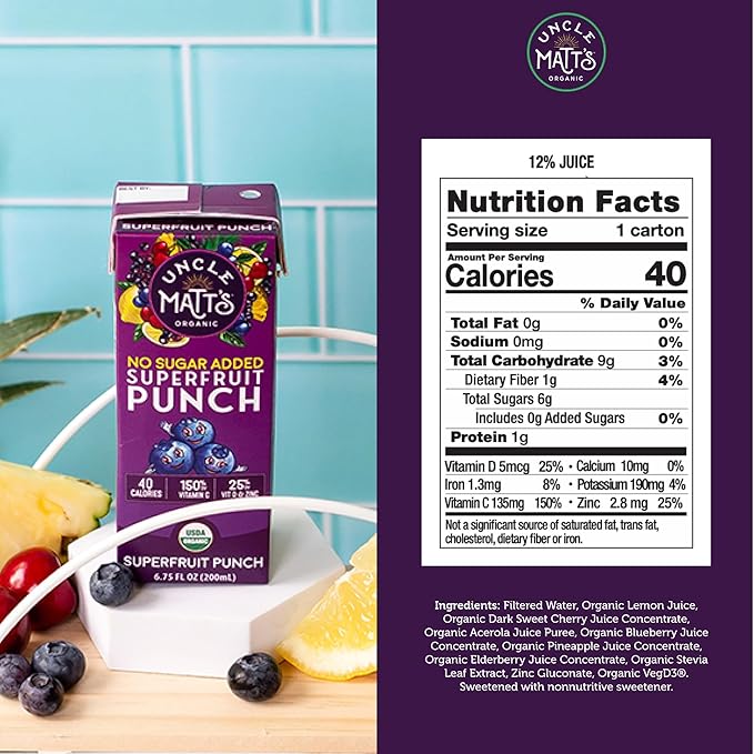 Uncle Matt’s Organic Juice Boxes – 32 pack No Added Cane Sugar Superfruit Punch USDA Organic Only 40 Calories with Vitamin C D &amp Zinc Kid-Friendly Juice Drinks