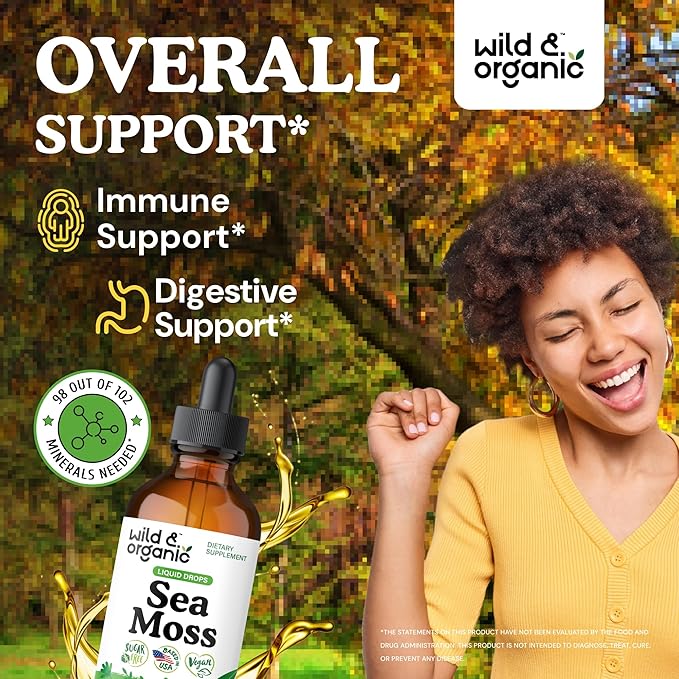 Wild &amp Organic Sea Moss Drops - Overall Support with Irish Seamoss and Bladderwrack - Multimineral Chondrus Crispus Tincture - Vegan Sugar &amp Alcohol-Free Liquid Supplement - 4 fl oz