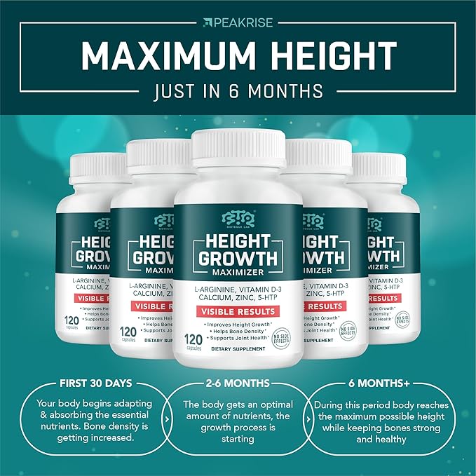 Height Growth Maximizer Calcium Vitamin D3 and Zinc Blend Pills Bone Growth Supplement for Kids and Teens Bone Strength Density Support GMO-Free Gluten-Free Made in USA 120 Caps