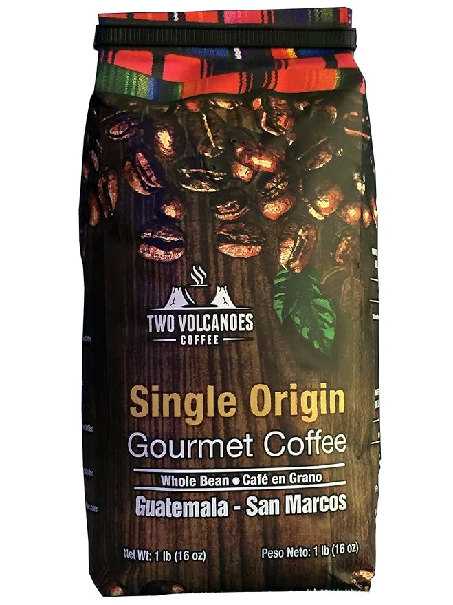 Two Volcanoes Coffee - Gourmet Guatemala Whole Bean Medium Roast Single-Origin Coffee Gift Bag. 1 lb