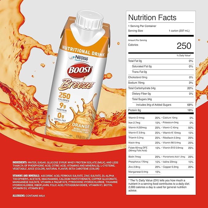 BOOST Breeze Clear Nutritional Drink - 250 Calories - 19 Vitamins &amp Minerals - 9 g Protein – Fortified Clear with Vitamin A &amp Zinc - Orange Flavor - 8 fl oz (Pack of 24)