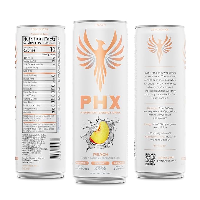 PHX Hydration Energy Drink - 700mg Electrolytes 200mg Natural Green Tea Caffeine 100% Daily Value 8 Essential Vitamins - 12 oz Cans (12 Pack) (12 Pack Peach)
