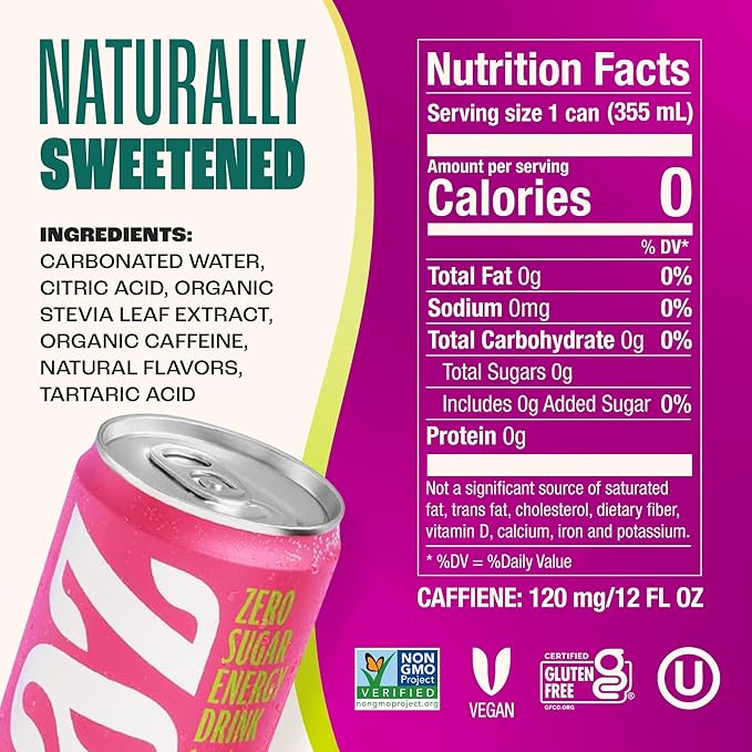 Zevia Zero Sugar Energy Drink Fruity Fuel Variety Pack 12 oz Cans (12-Pack) – Naturally Sweetened Non-GMO Project Verified Gluten-Free Vegan