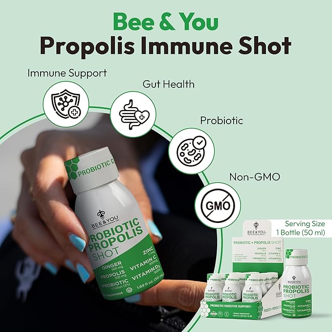 Bee and You Propolis Immune Shot Probiotic Vitamin C Vitamin D3 Zinc Ginger Immune Support Gut Health Digestive Health Bioactive 1.69 Fl. oz 12 Pack