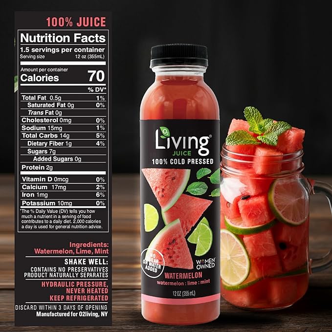 O2 Living Watermelon Cold-Pressed Juice Drink - 12oz 6 Pack - Organic No Added Sugars or Water Naturally Sweetened from Fruits Fresh Pressed Rich in Nutrients &amp Vitamins Refreshing and Non-G