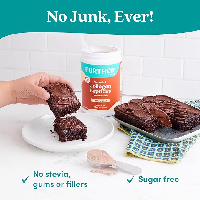 Further Food Chocolate Collagen Peptides Powder with Reishi Mushroom - 100% Grass-Fed Hydrolyzed Type 1 &amp 3 20g of Collagen per Serving Supports Skin Hair Nails &amp Joints 24.34 Oz