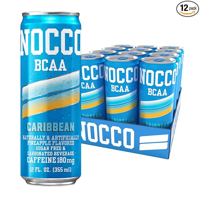 NOCCO Zero Sugar Energy Drink Caribbean - 12 Fl Oz (Pack of 12) - 180mg Caffeine Sugar Free with BCAAs - Branched Chain Amino Acids Carbonated &amp Low Cal B Vitamins Grab &amp Go Performance B