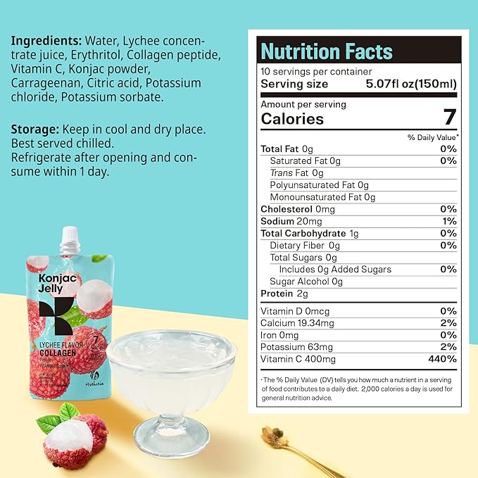 Hethstia Konjac Jelly 10 Pouches Drinkable Lychee Konjac Jelly with Collagen Peptides Low Calorie Litchi Jello Vitamin C Light Snacks Sugar Free Keto Gluten-Free Healthy Food Gifts