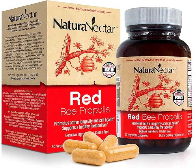 NaturaNectar - Red Bee Propolis Capsules - NSF Contents Certified Premium Brazilian Propolis - Gluten-Free Supplements with More Diverse Flavonoids &amp PWE - Sourced Through Ethical Beekeeping (60pc