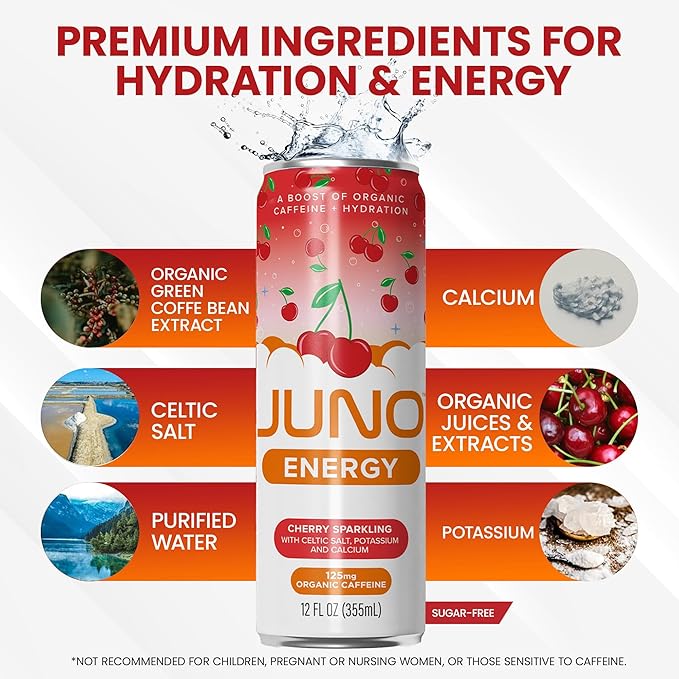 JUNO ENERGY Organic Cherry Sparkling Energy Drink - Sugar Free Energizing and Hydrating with 125mg Organic Caffeine from Green Coffee Beans Stevia Organic Sour and Black Cherry Juice &amp Electrol