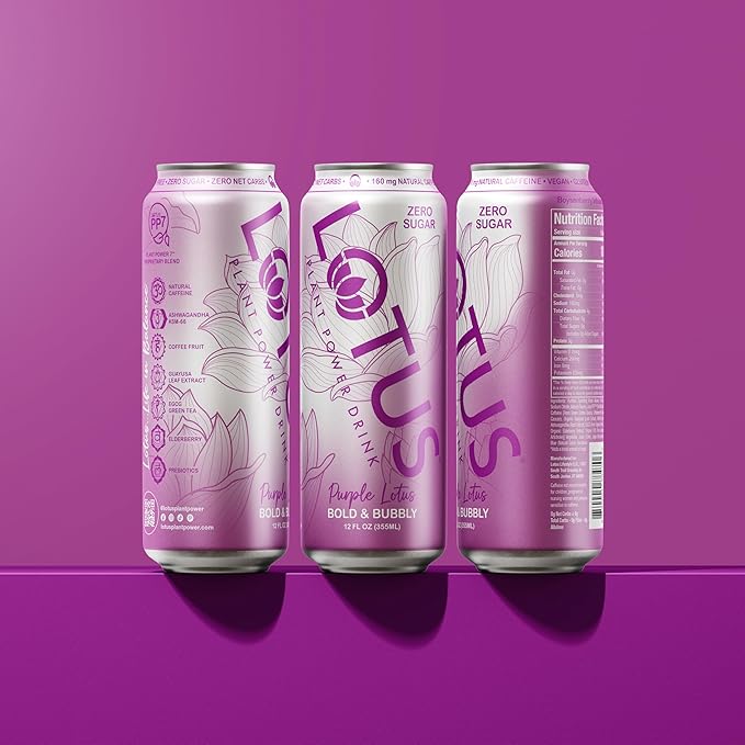 Purple Lotus Plant Power Drink™ | Sugar Free Low Calorie | 160 mg Natural Caffeine from Green Coffee Bean | Plant-Based Ingredients | Zero Sugar | 10 Calories | 12 oz Cans | 12 Count