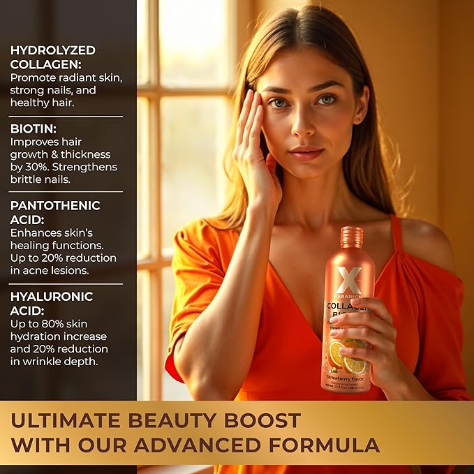 Liquid Collagen Peptides with Biotin &amp Hyaluronic Acid - Hydrolyzed Bovine Collagen Type 1 and 3 Biotin 10000mcg Vitamins B5 B6 C &amp E - Orange Flavor