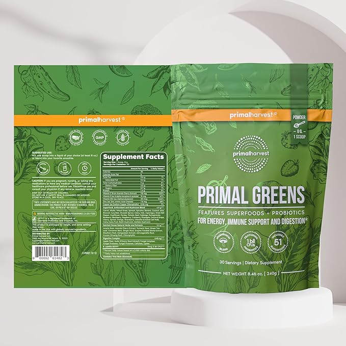 Primal Harvest Super Greens Powder 30 Servings w/+50 Greens Superfood Chlorella Probiotics Green Tea Wheatgrass Kale Turmeric for EnergyPrimal Greens