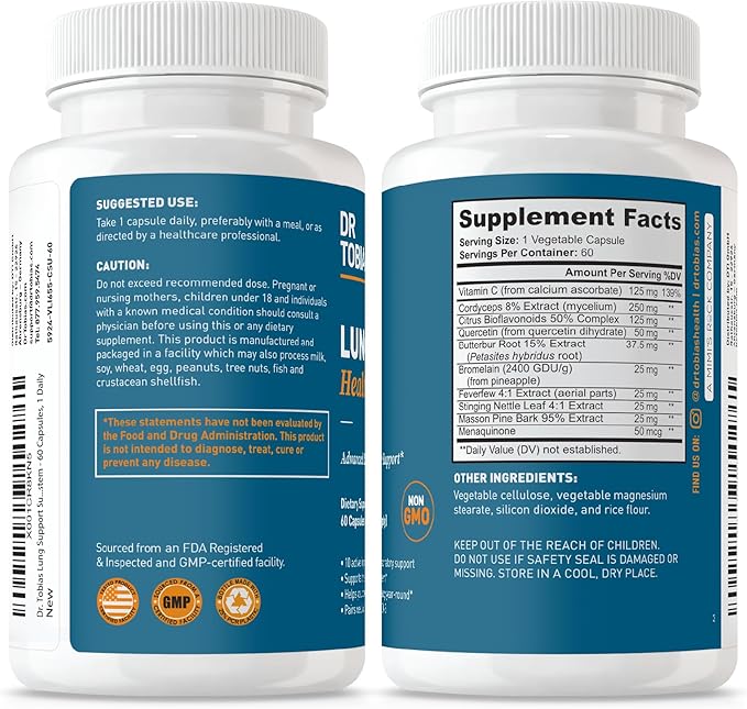 Dr. Tobias Lung Health - Lung Support Supplement with Vitamin C Butterbur Quercetin &amp Bromelain | Lung Cleanse &amp Detox Formula for Bronchial &amp Respiratory System Non-GMO (60 Capsules 60