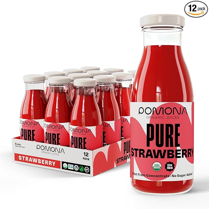 Pomona Organic Strawberry Juice (Pack of 12) Cold Pressed USDA Organic Juices with 100% Strawberries No Added Sugar Not From Concentrate Vegan Kosher Non GMO Pasteurized 8.4 oz Glass Bottles