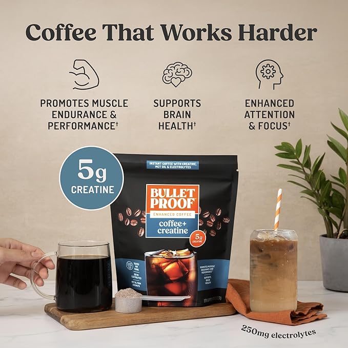 Bulletproof Coffee + Creatine Instant Coffee 5g Micronized Creatine Monohydrate with Electrolytes &amp MCT Oil Clean Toxin-Tested Beans Energy &amp Performance Support 38 Servings
