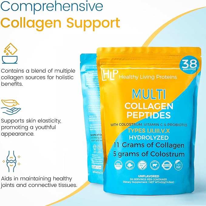 HLP Collagen Supplement for Better Absorption &amp Immune Support- Multi Collagen Peptides Powder with Colostrum- Improve Strength Wellness &amp Vitality with Multi Collagen Protein- Unflavored- 38