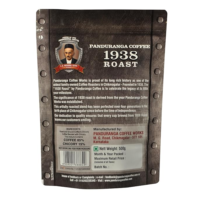 Panduranga Coffee 1938 Roast - Premium South Indian Filter Coffee Celebrating 80+ Years of Legacy Authentic Chikmagalur Blend Artfully Roasted for Rich Aroma &amp Flavor 500g (Pack of 2)