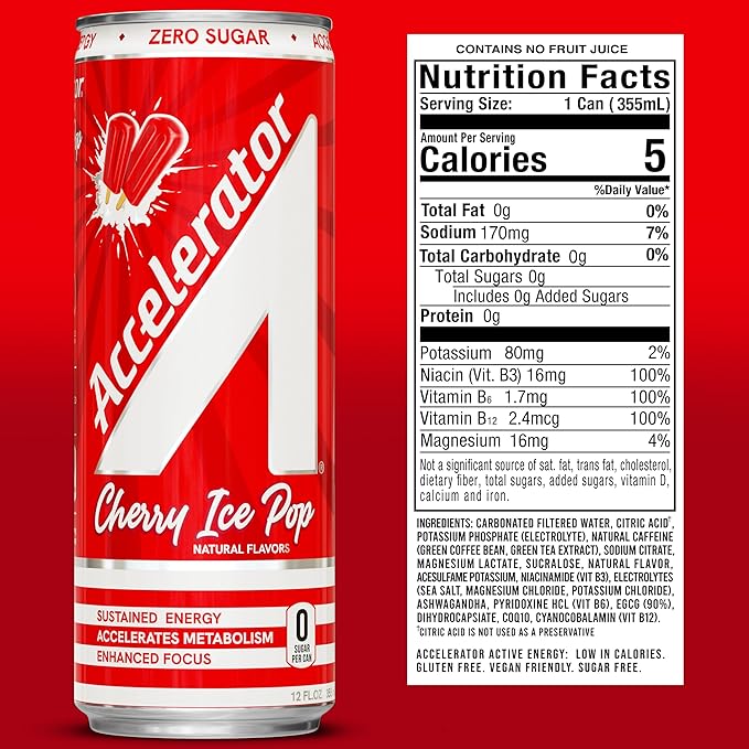 Accelerator Energy DrinkCherry Ice Pop 12oz canZero SugarSustained Energy from 100% Natural Caffeine (200mg from Green Coffee Bean &amp Green Tea extract)(Pack of 24)