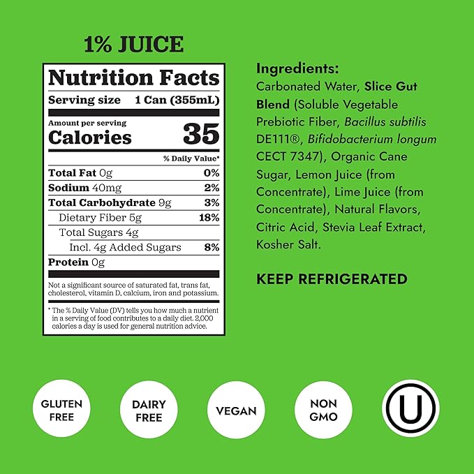 Slice Healthy Soda Lemon Lime Prebiotic &amp Probiotic Soda Pop 5g Fiber 35 calories 12 fl oz 12 Pack