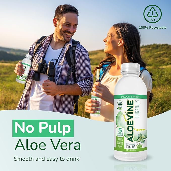 Aloevine Organics No-Pulp Organic Aloe Vera Drink Healthy with Aloe Powder Lemon Juice 5 Calories Low Sugar No Artificial Ingredients 16.9 oz 12 Pack Melon Mint