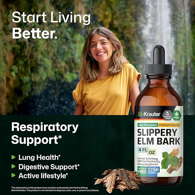 BIO KRAUTER Slippery Elm Bark Tincture - Pure Slippery Elm for Women &amp Men - 4 Fl.Oz. 56 Days of Supply - Throat &amp Voice Support - Vegan Liquid Drops for Lungs - Respiratory &amp Digestive He