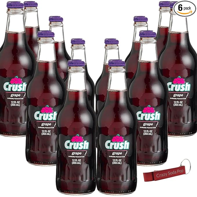 Crush Grape Soda | One of Crush’s Popular Soda Flavors | Real Cane Sugar | Caffeine Free | 12 oz Glass Bottles with Crazy Soda Pop Bottle Opener (12 Pack)